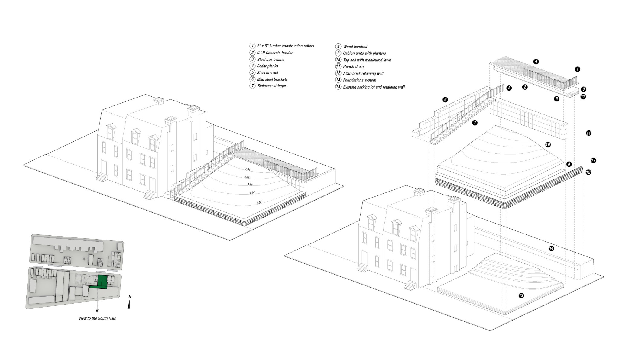 Elevated Deck SpaceAxonometric (left) Exploded Axonometric (right)