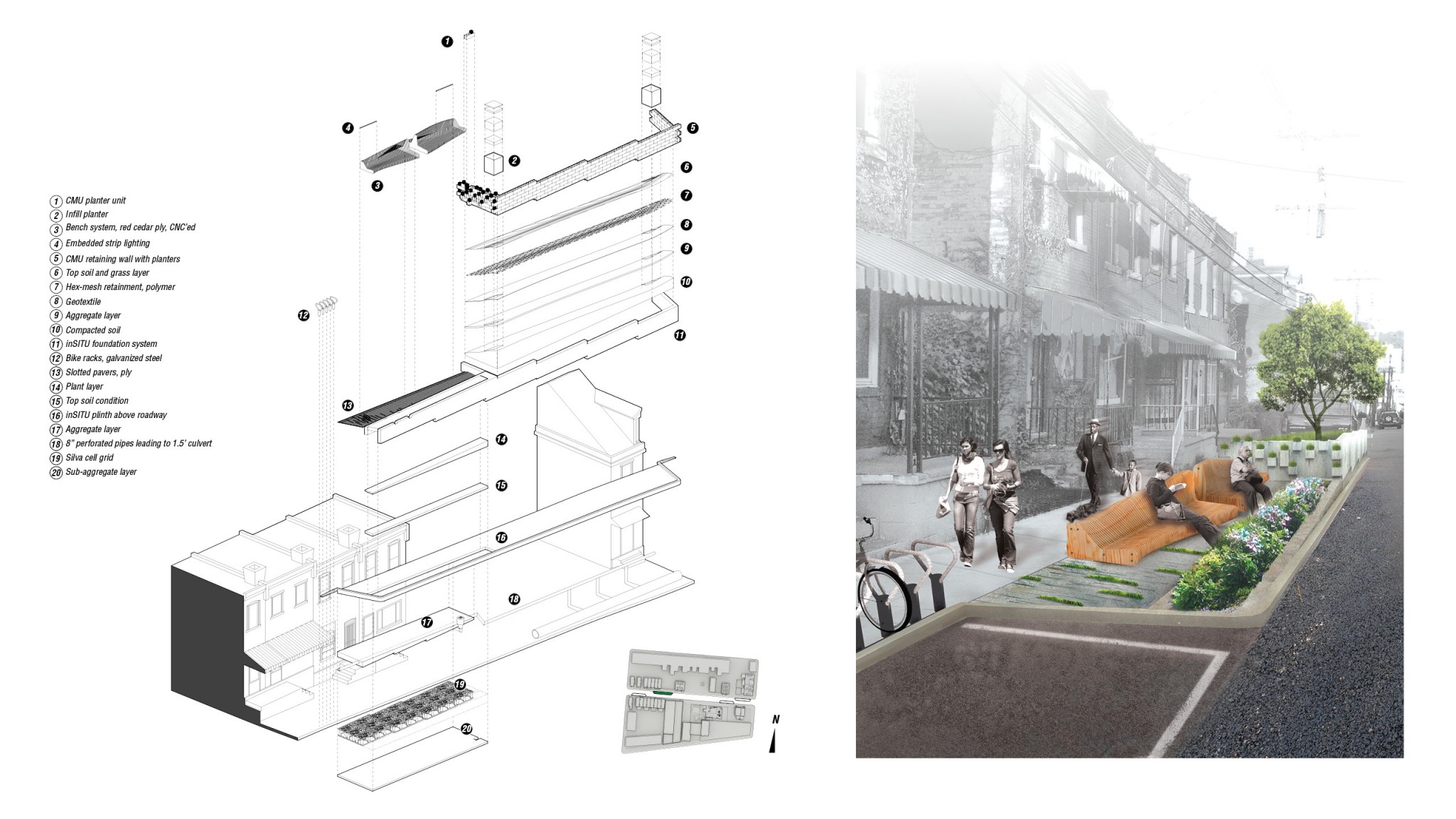 ParkletExploded Axonometric (left) Visualization (right)